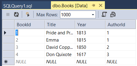Books 表的屏幕截图，其中显示了用种子数据填充的数据库以及包含外键的表。