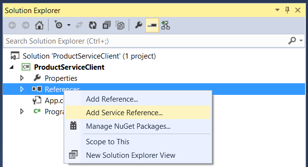 解决方案资源管理器窗口的屏幕截图，其中显示了用于添加新服务引用的“引用”下的菜单。
