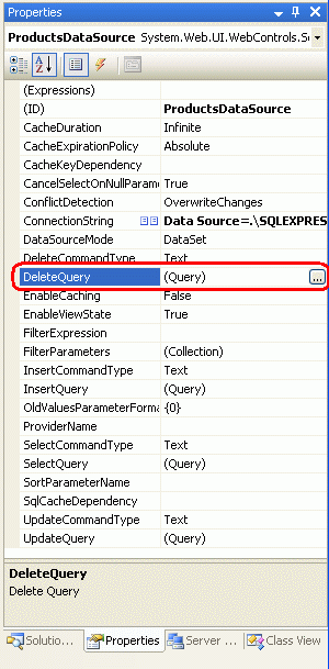 显示 ProductsDataSource 属性窗口的屏幕截图，其中选择了 DeleteQuery 属性。