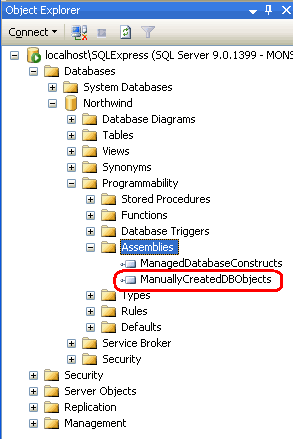 “对象资源管理器”窗口的屏幕截图，其中突出显示了 ManuallyCreatedDBObjects.dll 程序集。