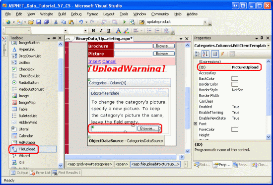 将 FileUpload 控件添加到 EditItemTemplate