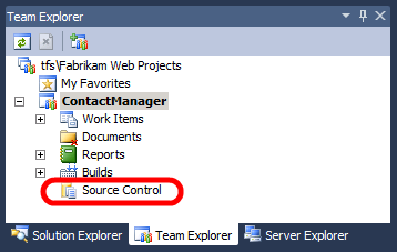 在 Visual Studio 2010 的“团队资源管理器”窗口中，展开团队项目，然后双击“源代码管理”。