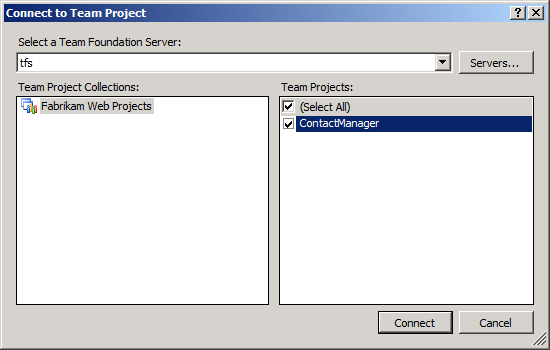 在“连接到团队项目”对话框中，选择要连接到的 TFS 实例，选择团队项目集合，选择要添加到的团队项目，然后单击“连接”。