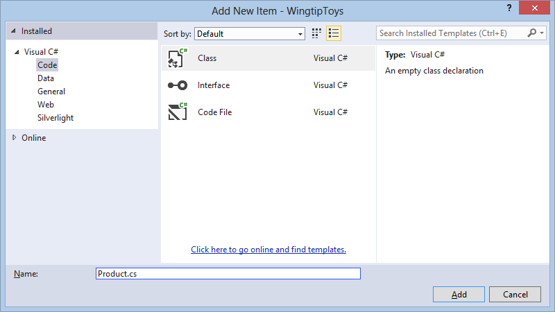 “添加新项”窗口的屏幕截图，其中左侧显示了“已安装”窗格，其中打开了 Visual C# 并选择了“代码”。