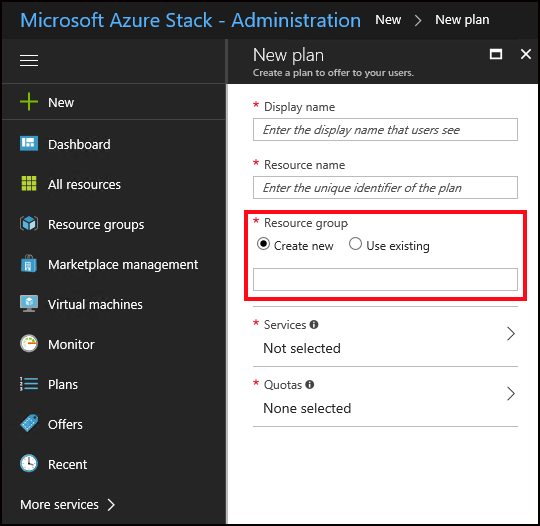 Specify the resource group for new plan in Azure Stack Hub