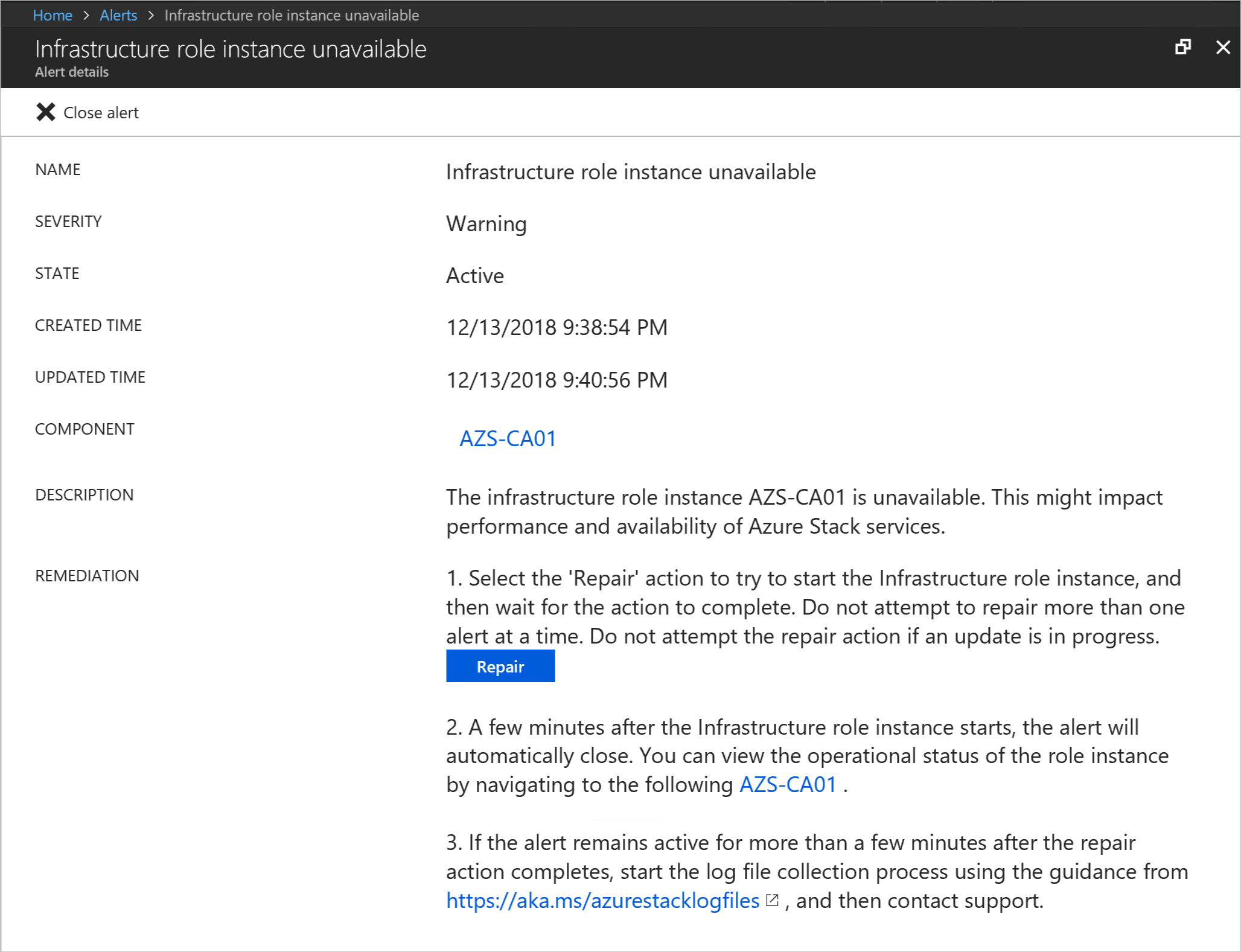 Azure Stack Hub 管理员门户中的“警报详细信息”边栏选项卡