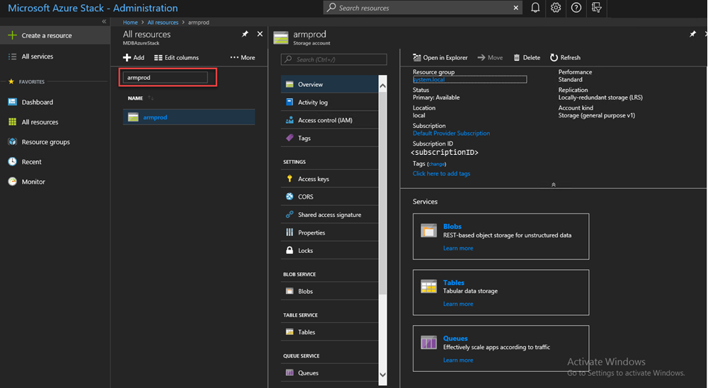 Your storage account name in Azure Stack Hub administrator portal