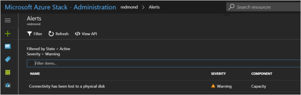 在 Azure Stack Hub 管理中显示物理磁盘连接丢失的警报