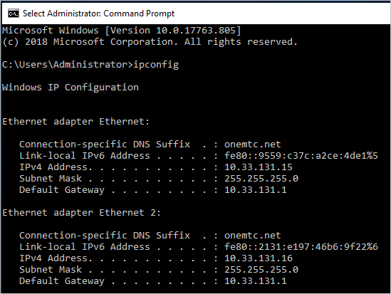 该部分 ipconfig 命令输出显示同一子网中的两个以太网适配器；IP 地址是 10.33.131.15 和 10.33.131.16。