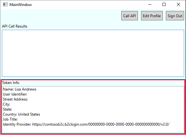 Screenshot highlighting the Azure AD B2C access token and user ID.