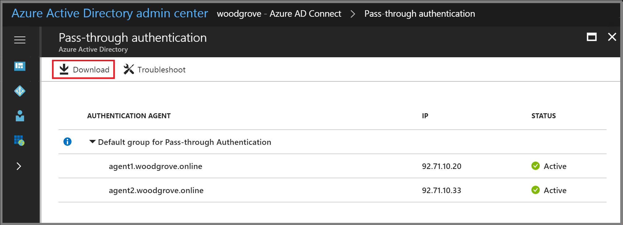 Azure Active Directory admin center: Download Authentication Agent button