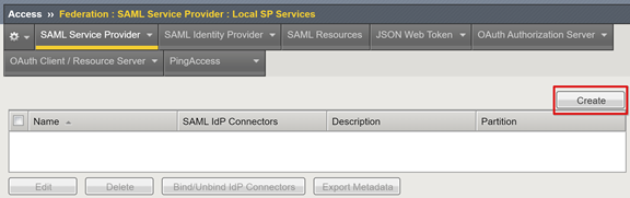 SAML 服务提供商选项卡下“创建”选项的屏幕截图。