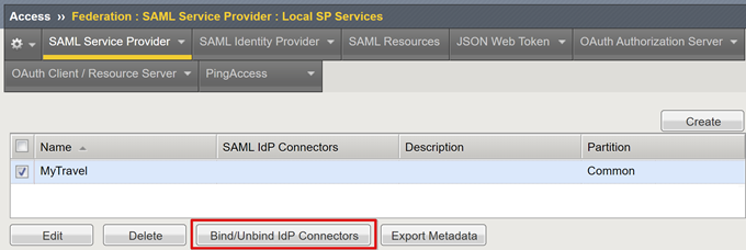 SAML 服务提供程序选项卡下的绑定/取消绑定 IdP 连接器选项的屏幕截图。