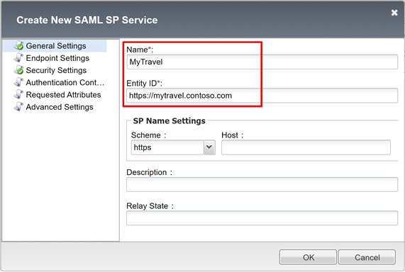 在“创建新 SAML SP 服务”对话框上输入的名称和实体 ID 的屏幕截图。