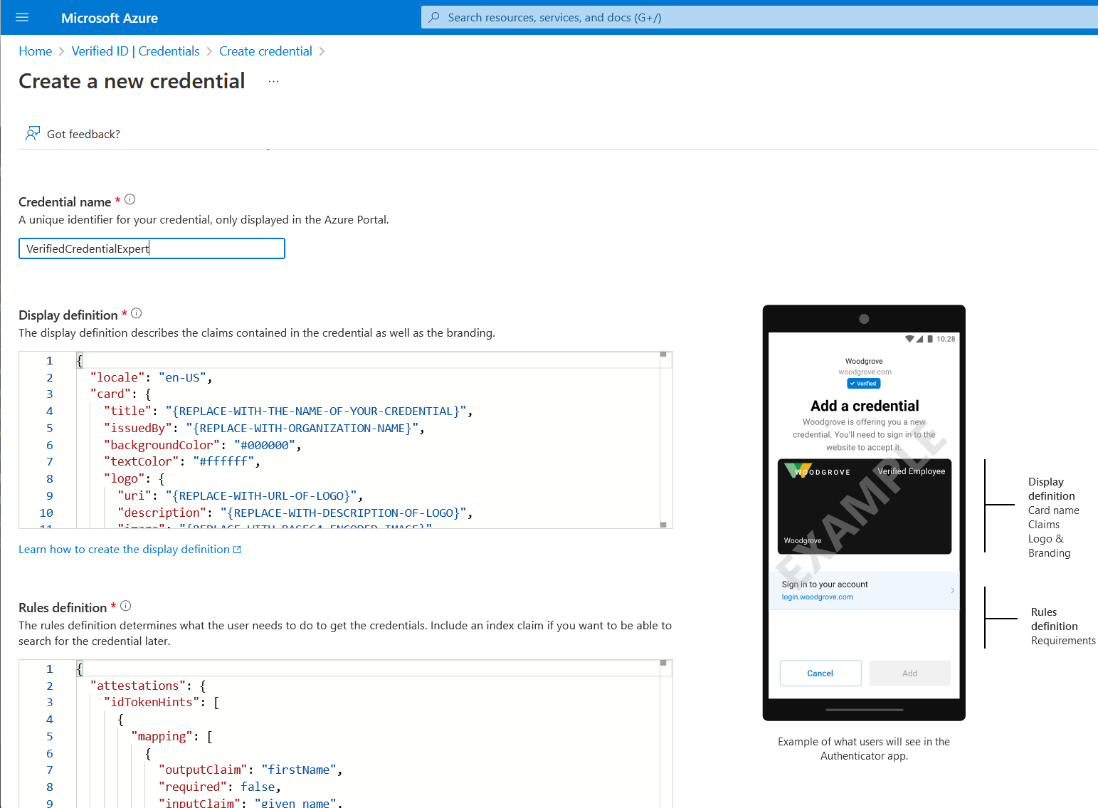 “新建凭证页面”的屏幕截图，其中显示了规则和显示文件的 JSON 示例。