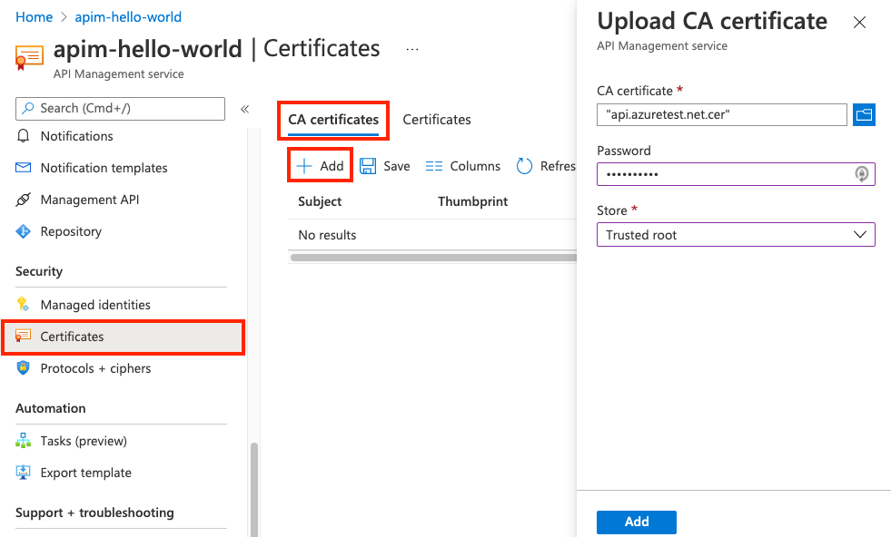 在 Azure 门户中添加 CA 证书