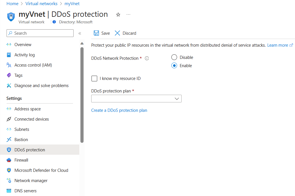 屏幕截图显示如何在 Azure 门户中的 VNet 上启用 DDoS 防护计划。