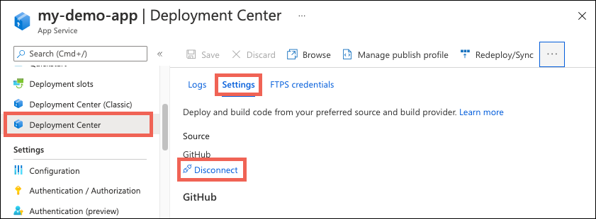 显示如何在 Azure 门户中断开 Cloud Folder Sync 与应用服务应用之间的连接的屏幕截图。