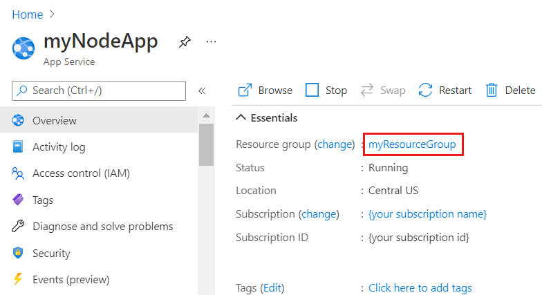 Resource group in App Service overview page