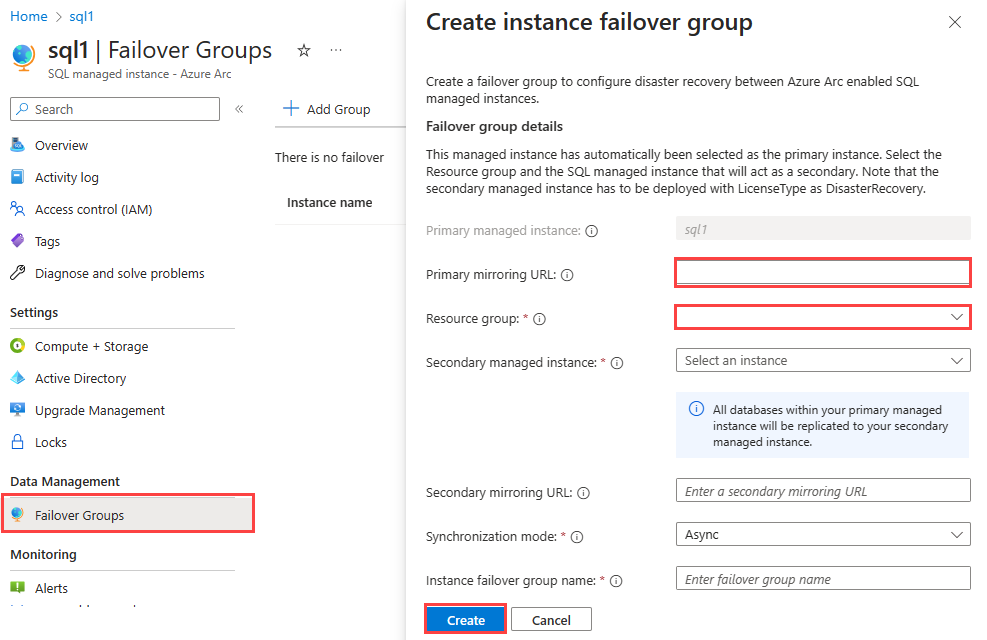 Screenshot of the Azure portal create instance failover group control.