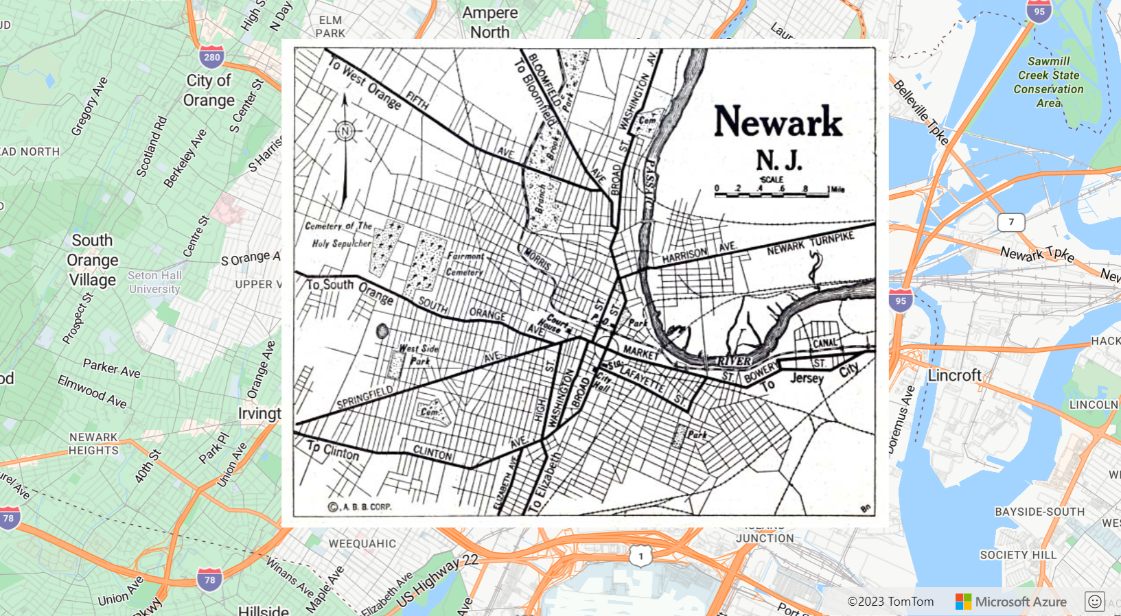 屏幕截图显示了一份地图，该地图以 1922 年新泽西州纽瓦克地图图像作为图像图层。