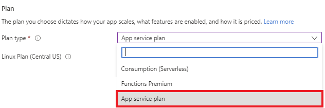 显示在创建 Functions 应用期间如何从下拉菜单中选择“应用服务”计划的屏幕截图。