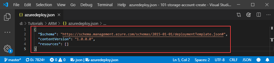 Visual Studio Code 的屏幕截图，显示了编辑器中具有 JSON 结构的空 ARM 模板。