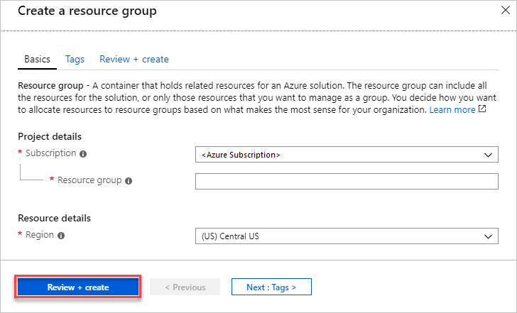 Azure 门户中设置资源组属性值的屏幕截图