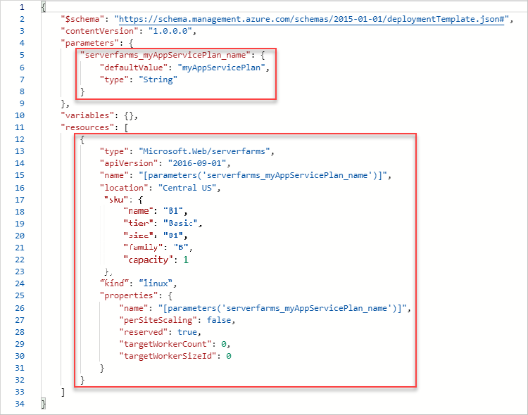 Azure 门户中导出的模板 JSON 代码的屏幕截图。