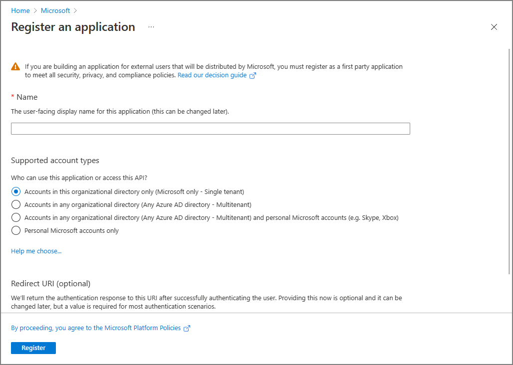 Screenshot of the pane for registering an application.