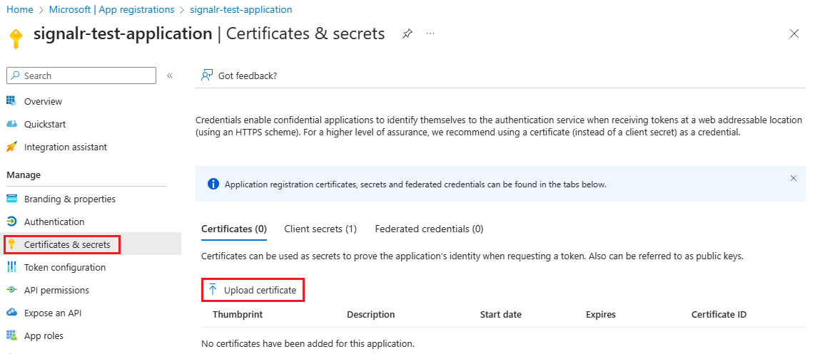 Screenshot of selections for uploading a certificate.