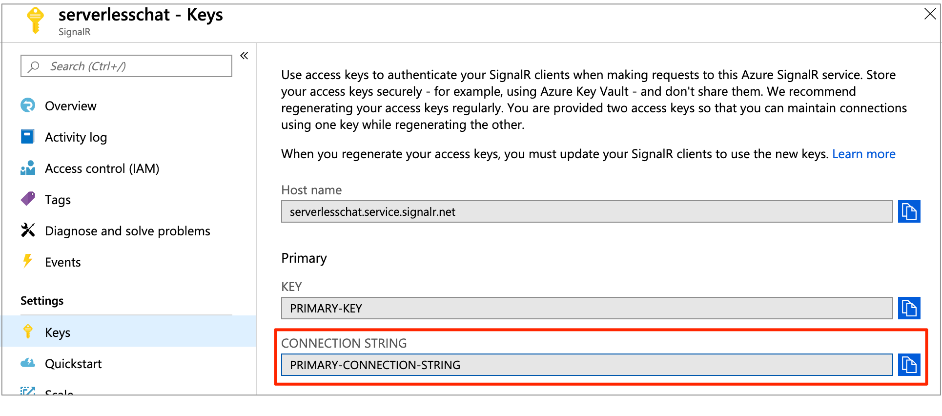 Azure SignalR 服务“密钥”页的屏幕截图。
