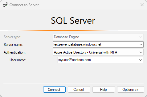 Screenshot of the Connect to Server dialog settings in SSMS, with all fields filled in.