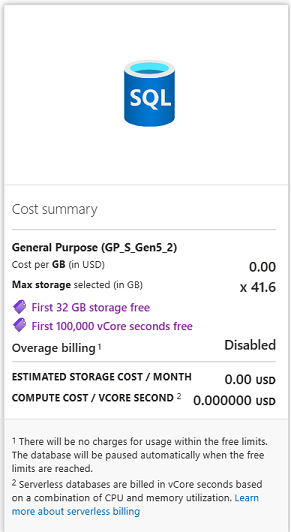 Screenshot from the Azure portal of the Free Offer Cost summary card. Included in the details are 'First 32 G B of storage free' and 'First 100,000 vCore seconds free'.