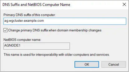 该屏幕截图显示你可在其中输入值的“DNS 后缀和 NetBIOS 计算机名称”对话框。