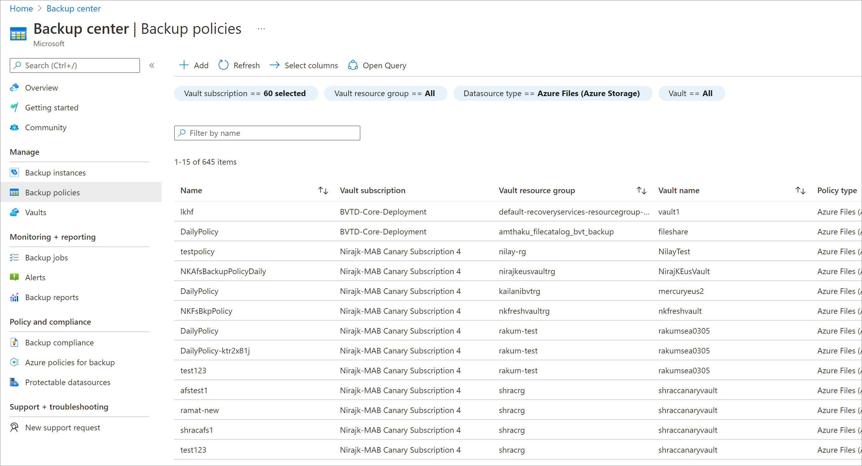Screenshot showing the all backup policies.