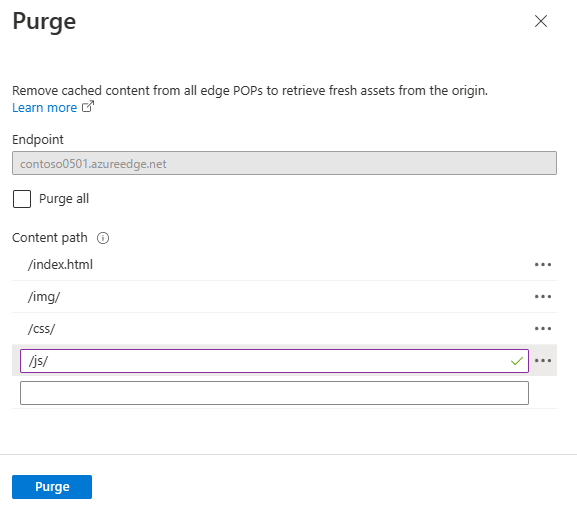 Azure 内容分发网络配置文件中清除页的屏幕截图。