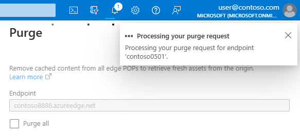 Azure 内容分发网络配置文件的清除通知的屏幕截图。