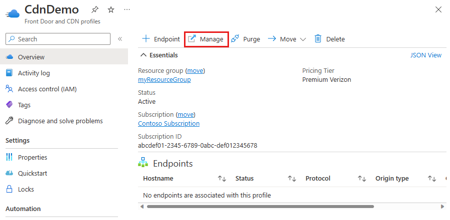 Azure CDN Edgio Premium 配置文件中“管理”按钮的屏幕截图。