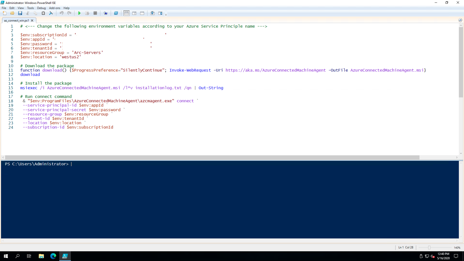 A screenshot of the az_connect_win.ps1 Windows script.
