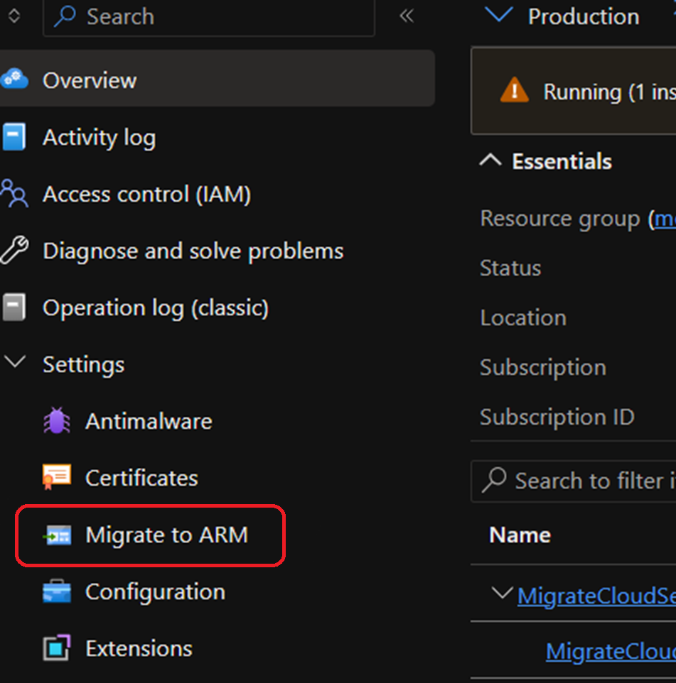 Screenshot of the 'Migrate to Arm' button in the Azure portal.