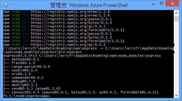 Windows PowerShell displaying the output of the npm install express command.