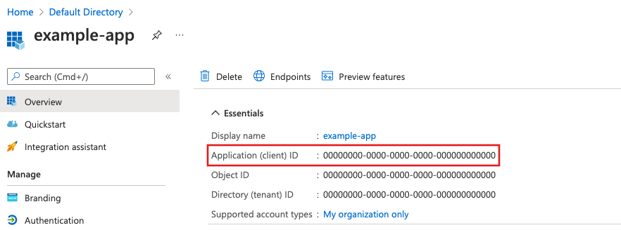 如何复制和存储 Microsoft Entra 应用程序 ID 的屏幕截图。