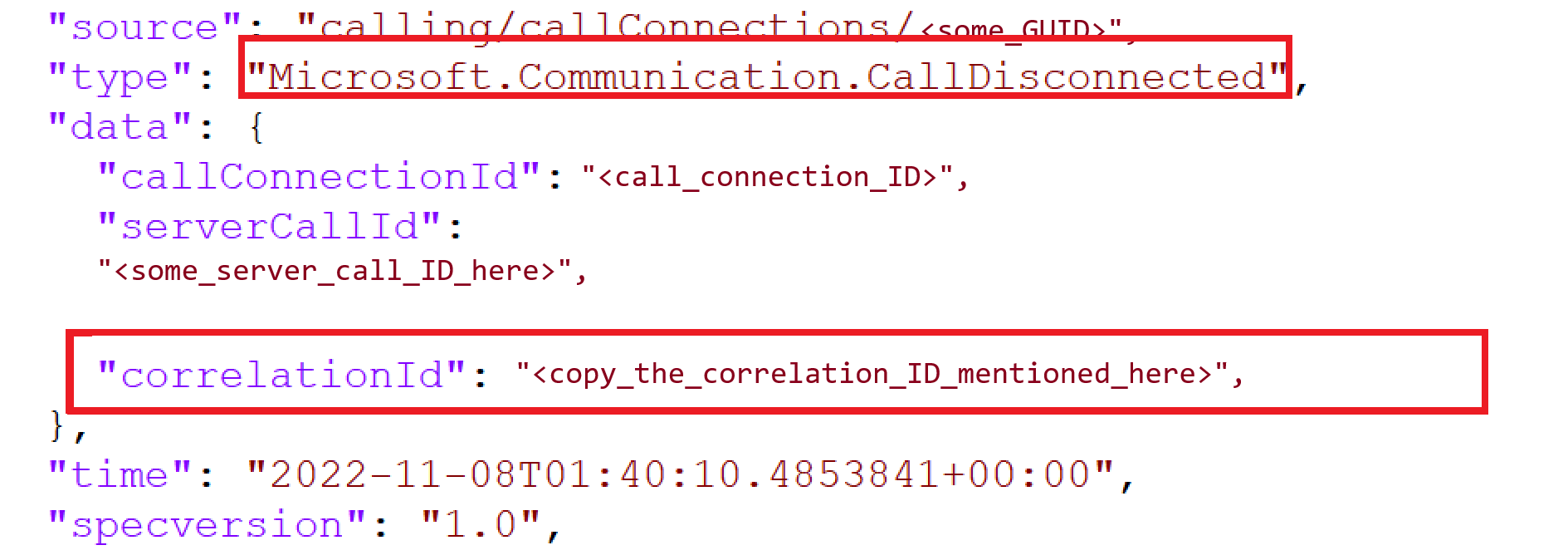 显示关联 ID 的调用断开连接事件的屏幕截图。