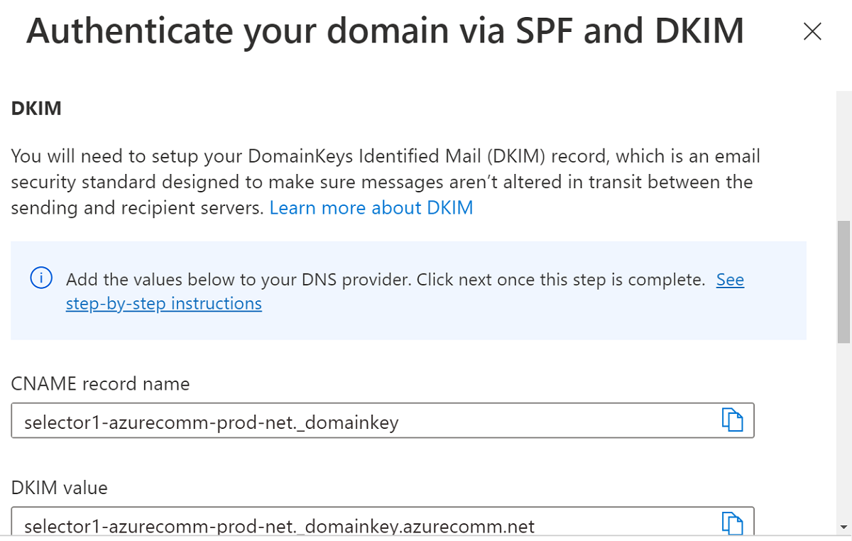 屏幕截图显示了需要为 DKIM 添加的 DNS 记录。