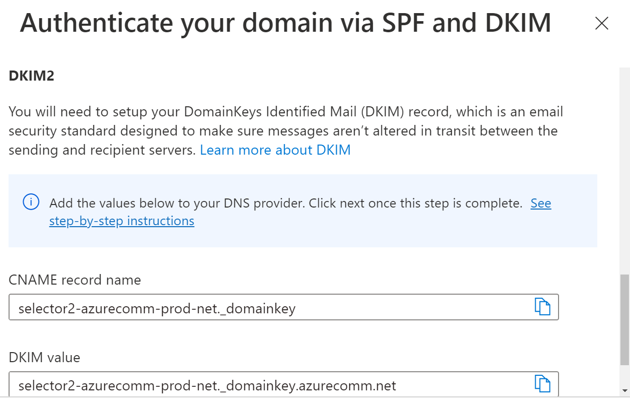 屏幕截图显示了需要为其他 DKIM 记录添加的 DNS 记录。