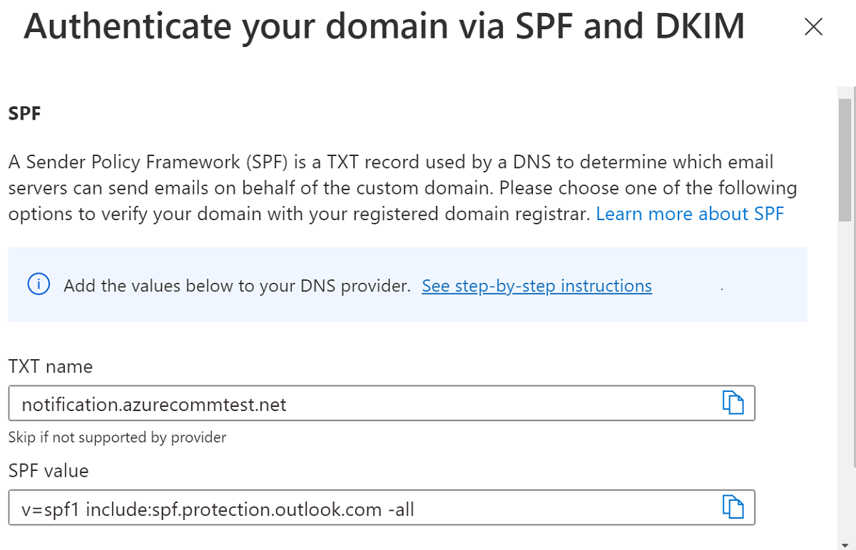 屏幕截图显示了需要添加的 DNS 记录，以便对已验证域进行 SPF 验证。