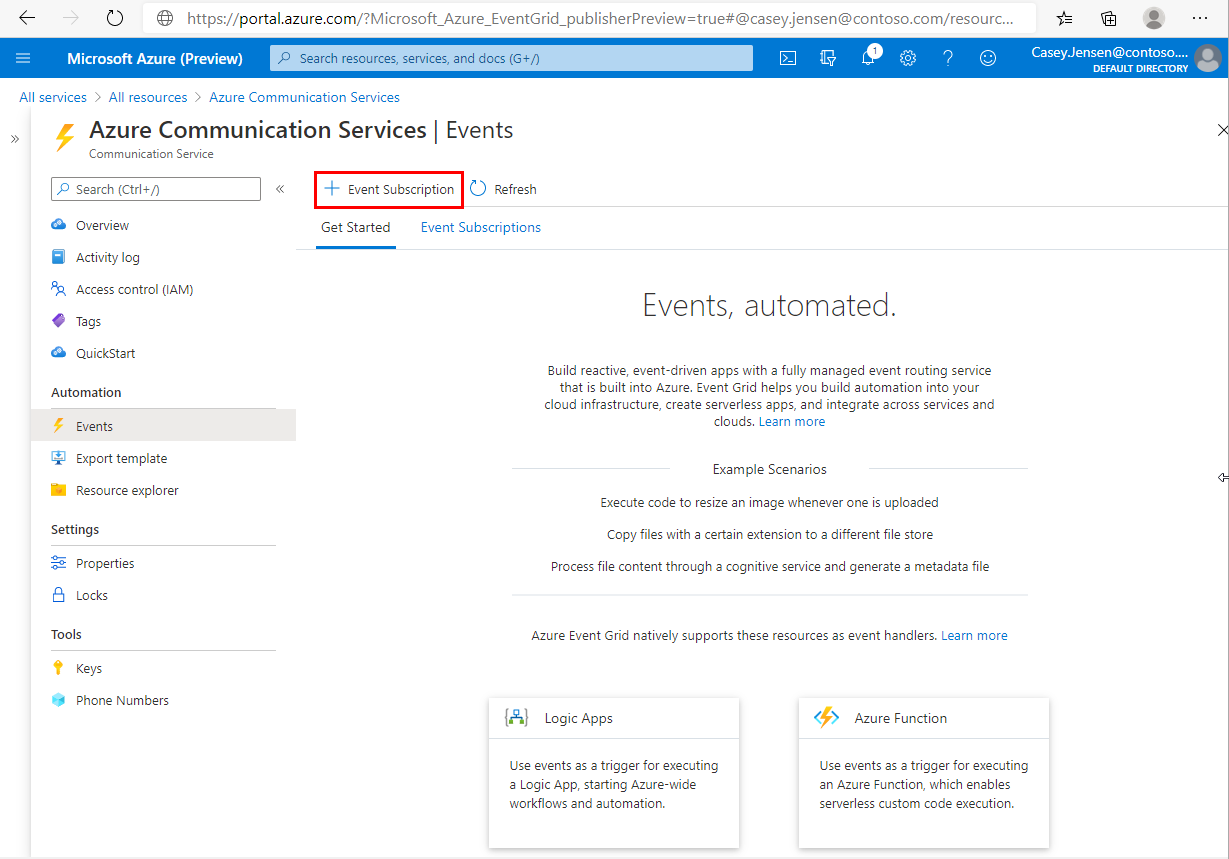 显示 Azure 通信服务资源的“事件”页的屏幕截图。“事件订阅”按钮被调用。
