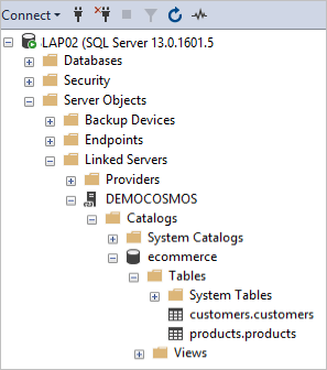 显示 SSMS 中链接服务器的屏幕截图。
