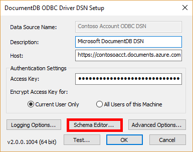 显示“DSN 设置”窗口中“架构编辑器”按钮的屏幕截图。